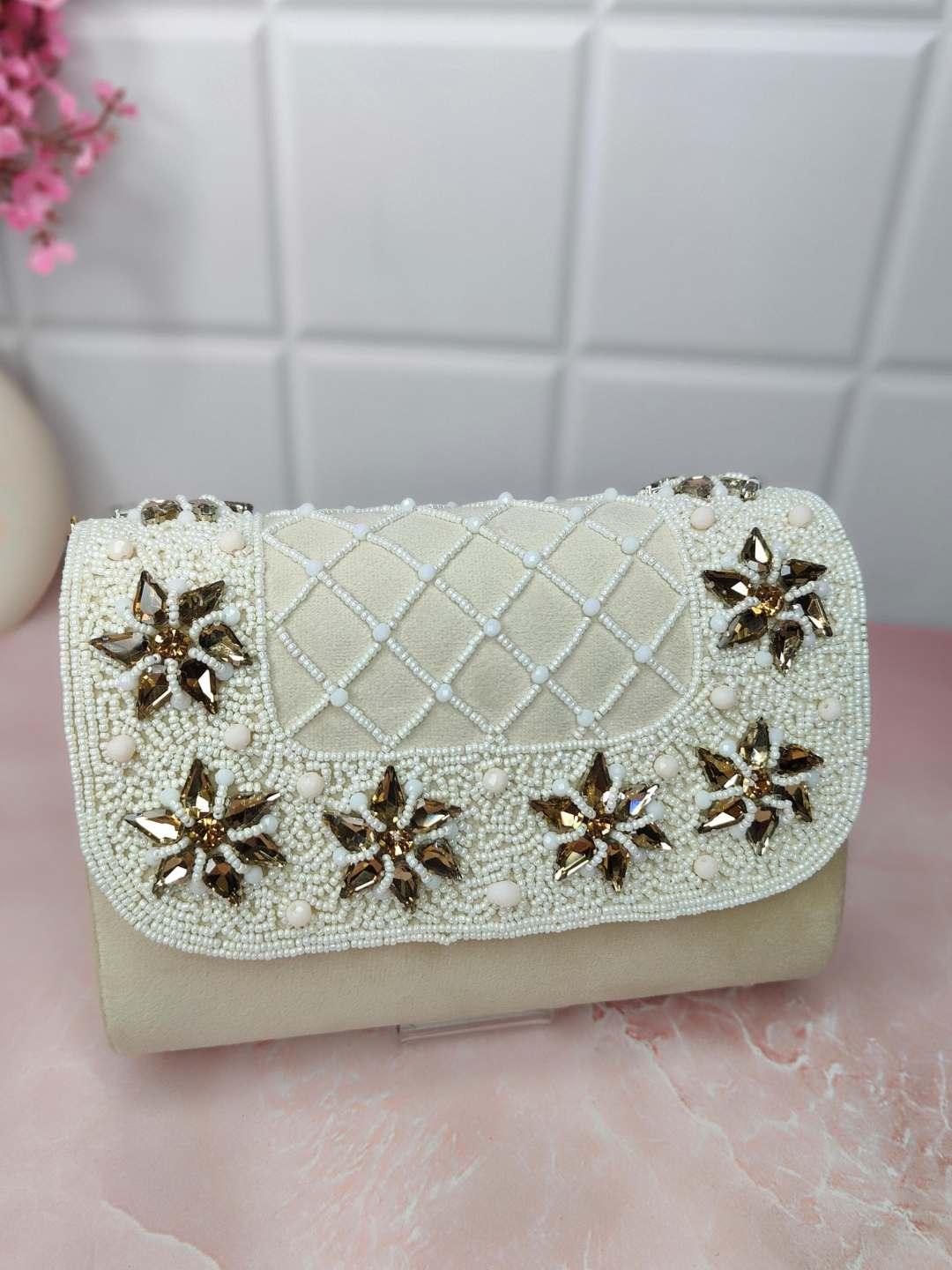 Ishhaara White Designer Crystals Stone Seude Fabric Clutch Bag 