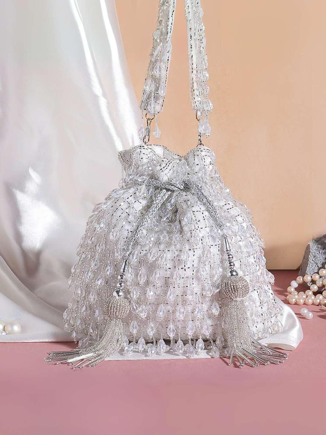 Ishhaara White Designer Heavy Potli With Crystal Hangings