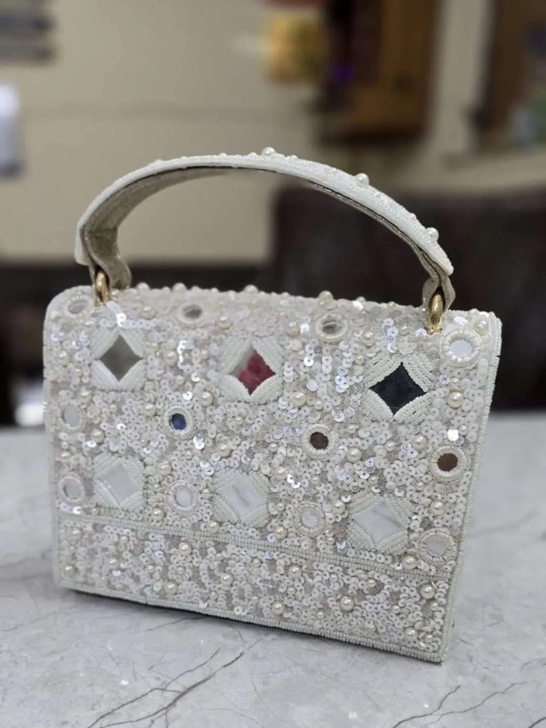 Ishhaara White Designer Mirror Flap Clutch Bag In High Quality Work