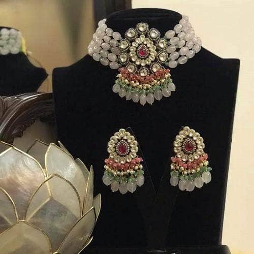 Ishhaara White Drop Stone Multi Bead Choker Necklace Set