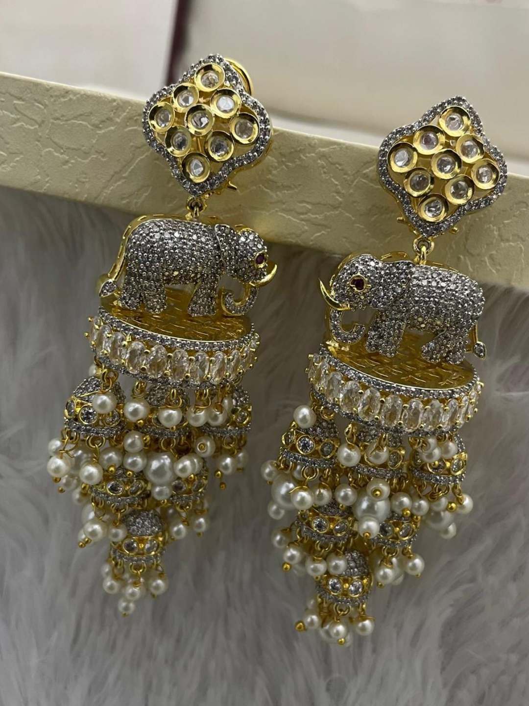 Ishhaara White Elephant Motif Kundan Earrings