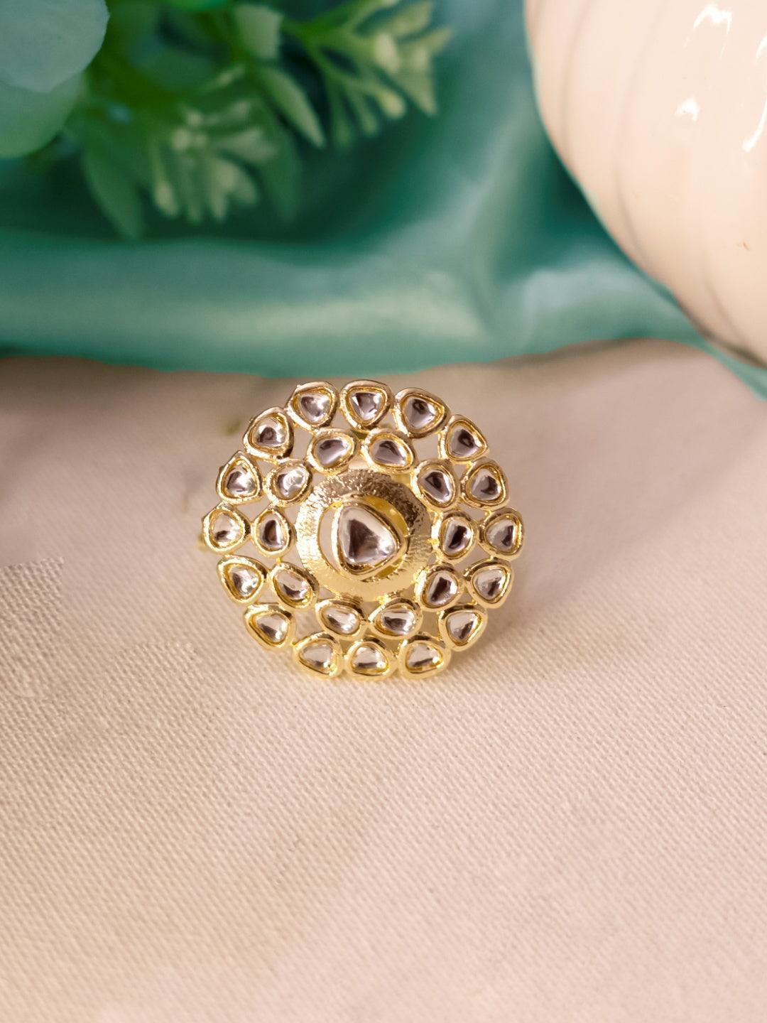 Ishhaara White Floral Motif Kundan Ring