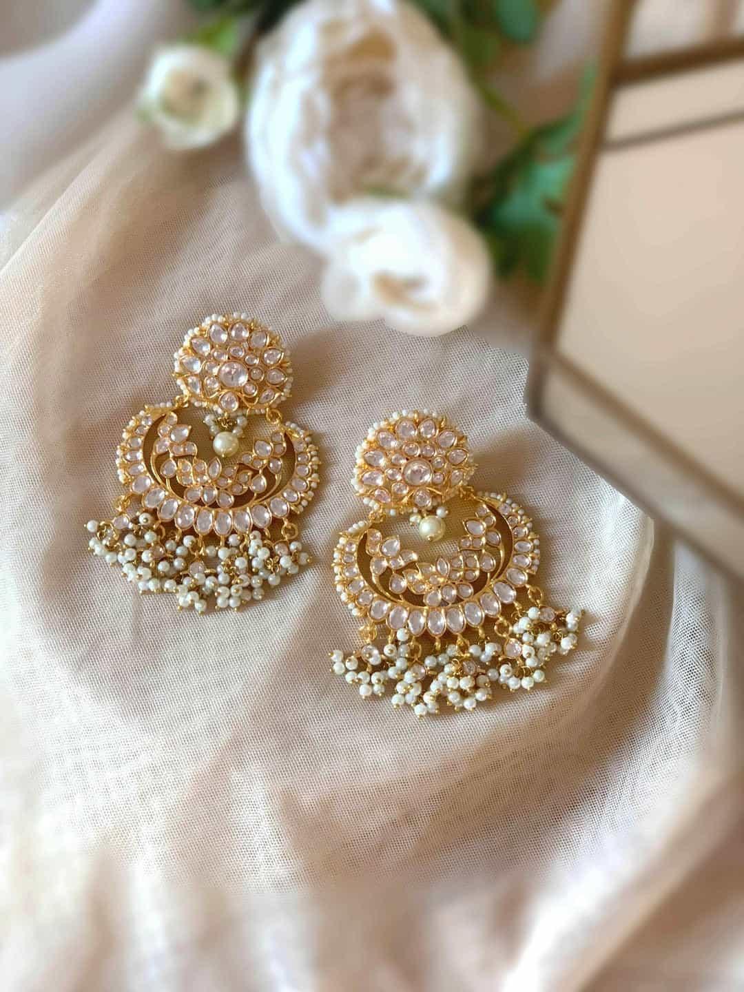 Ishhaara Floral Polki Kundan Chandbali Earring White