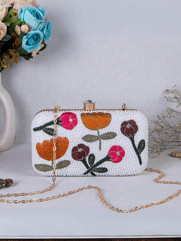 Ishhaara White Floral Stylish And Beautiful Clutch Bag