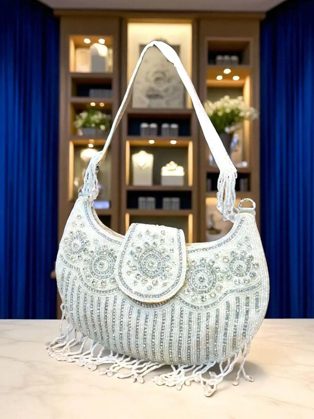 Ishhaara White Kasturi Pearls Studded Diamond Crystal Flap Clutch