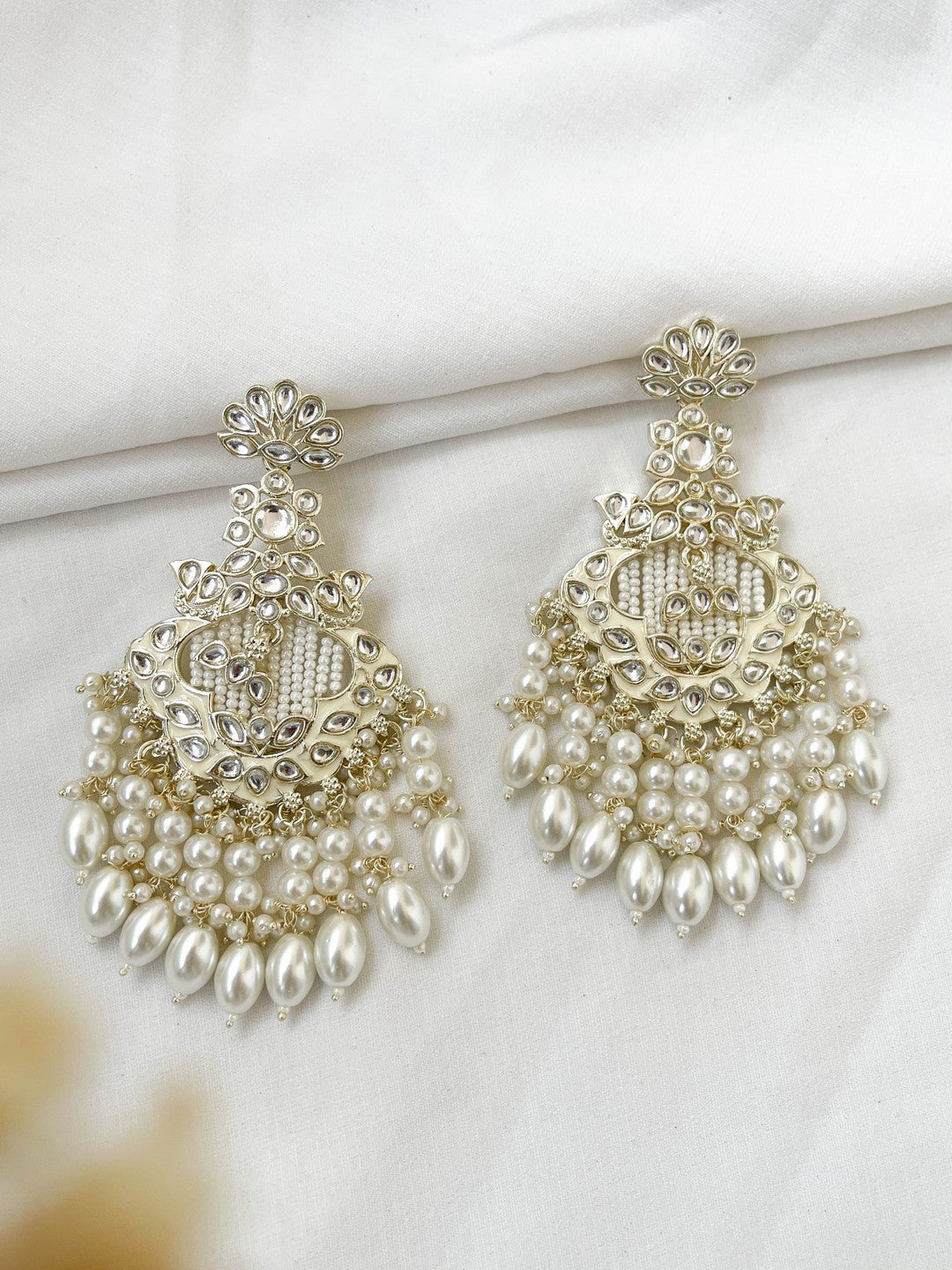 Ishhaara White Kundan Polki And Pearl Drop Chandbaali Earrings