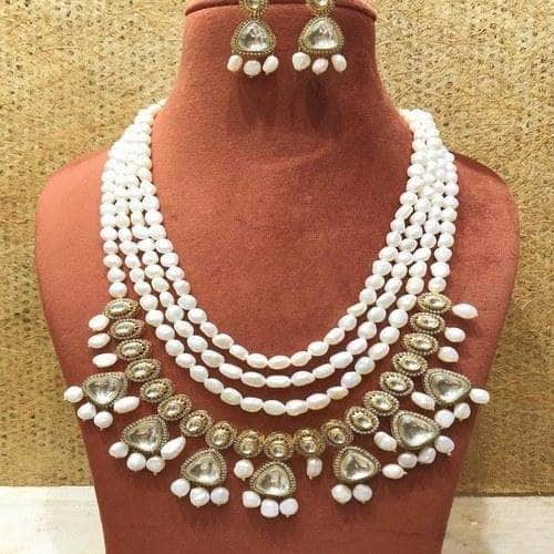 Ishhaara White Multi Layered Precious Stone Polki Hanging Necklace