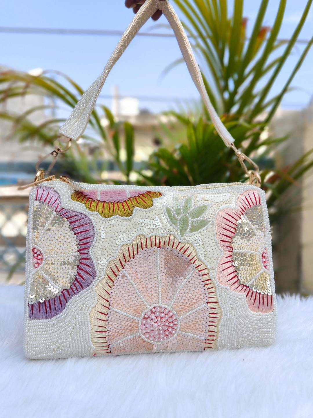 Ishhaara White Multi Sequins Designer Flap Clutch