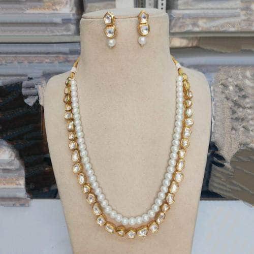 Ishhaara White One Line Kundan Beads Chain And Earring Set