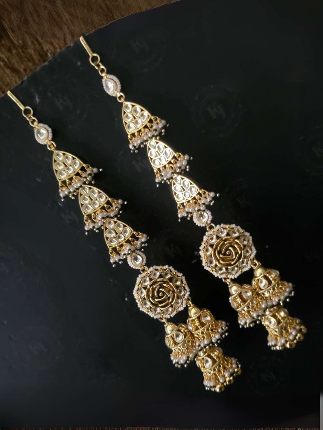 Ishhaara White Pacchi Kundan Studded Lotus Earrings With Kan Chains