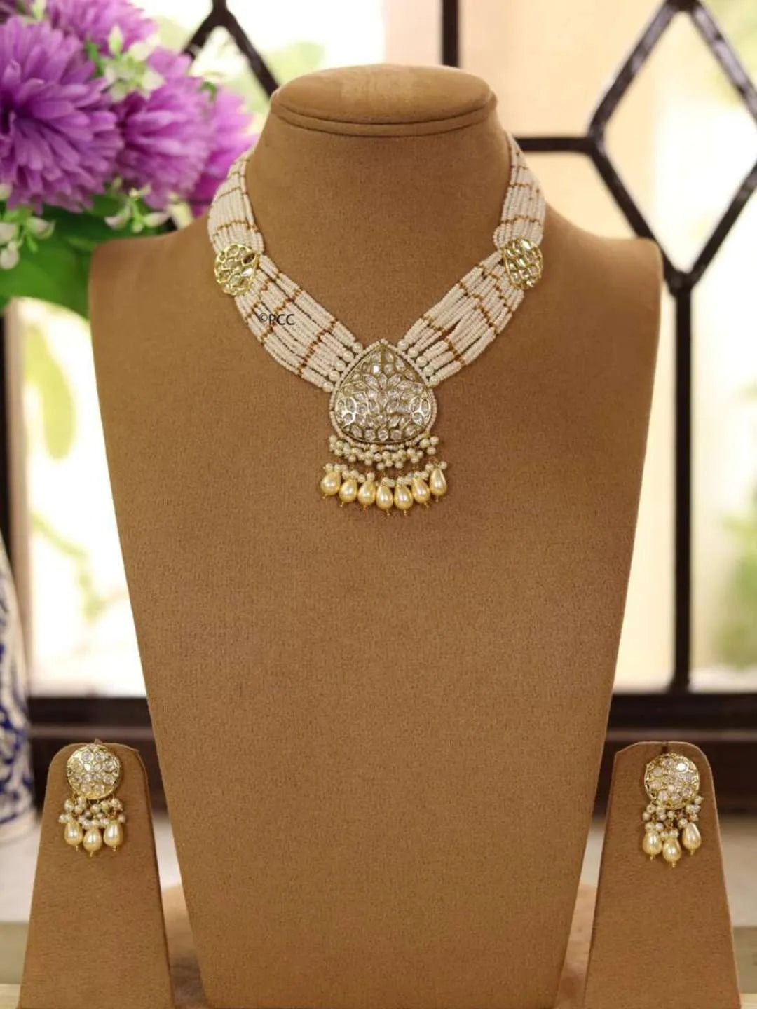 Ishhaara White Pearl Beads Kundan Necklace Set