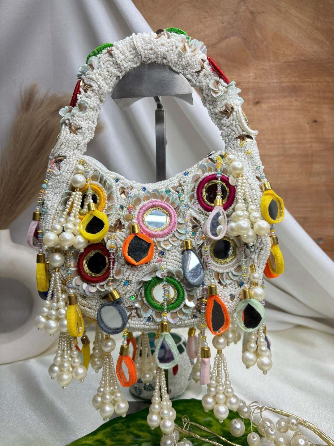 Ishhaara White Pearl Blossom Delight Clutch Moon Bag