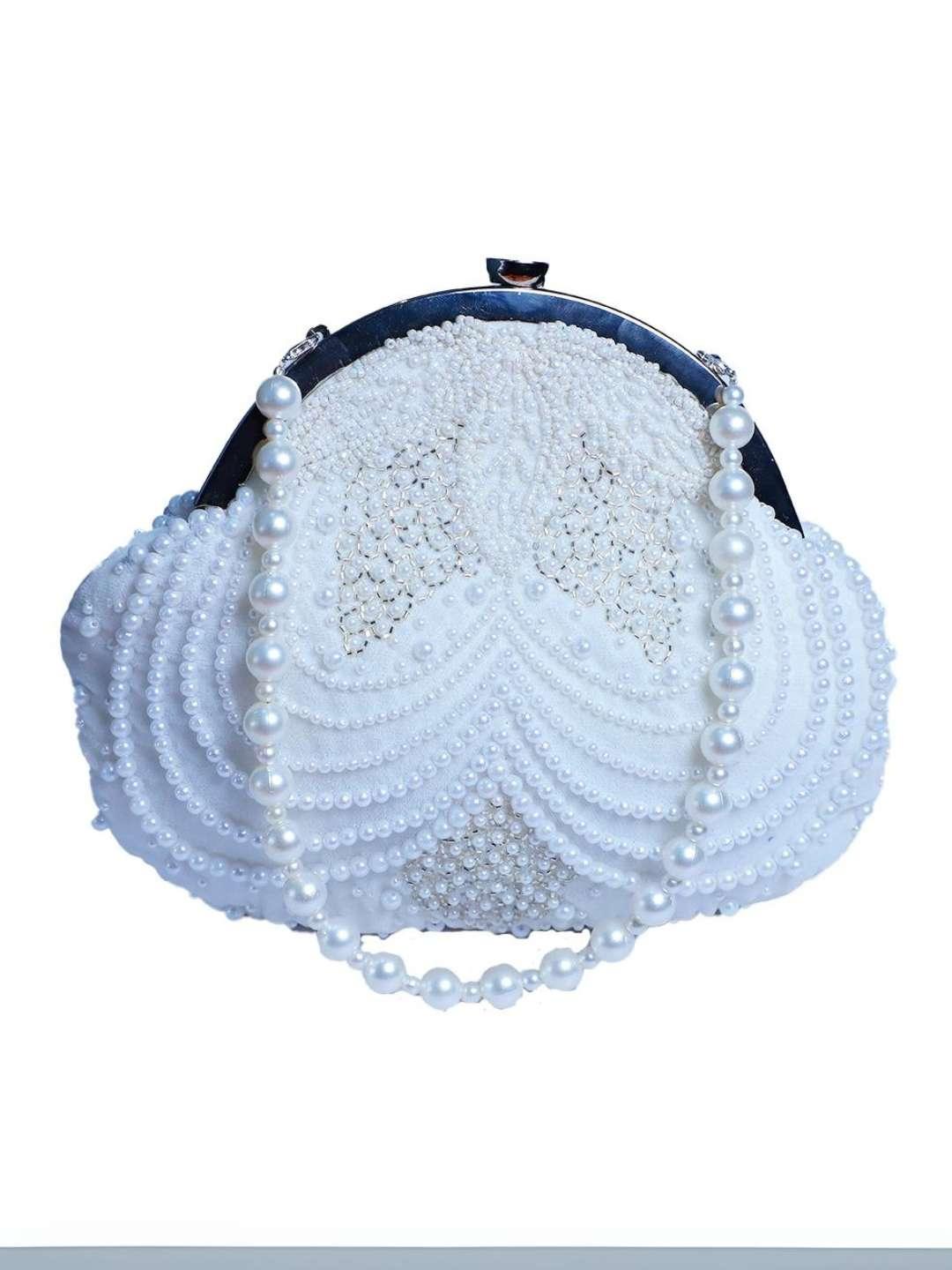 Ishhaara White Pearl Embedded Designer Half Frame Clutch