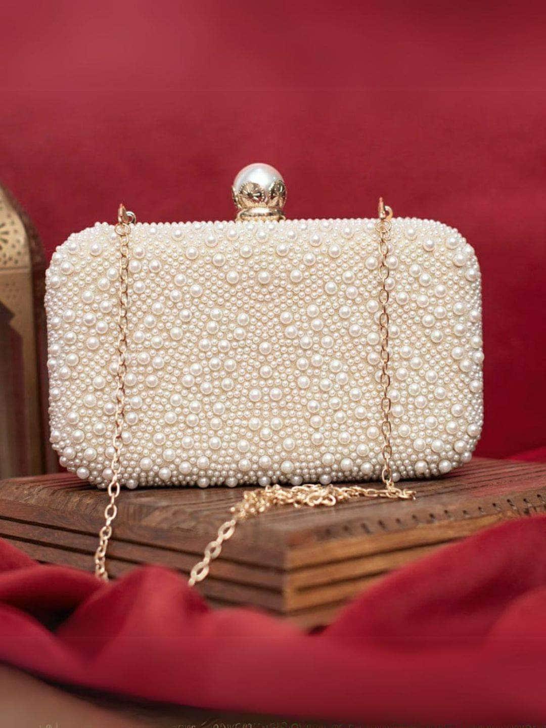 Ishhaara White Pearl Embellish Evening Clutch Bag