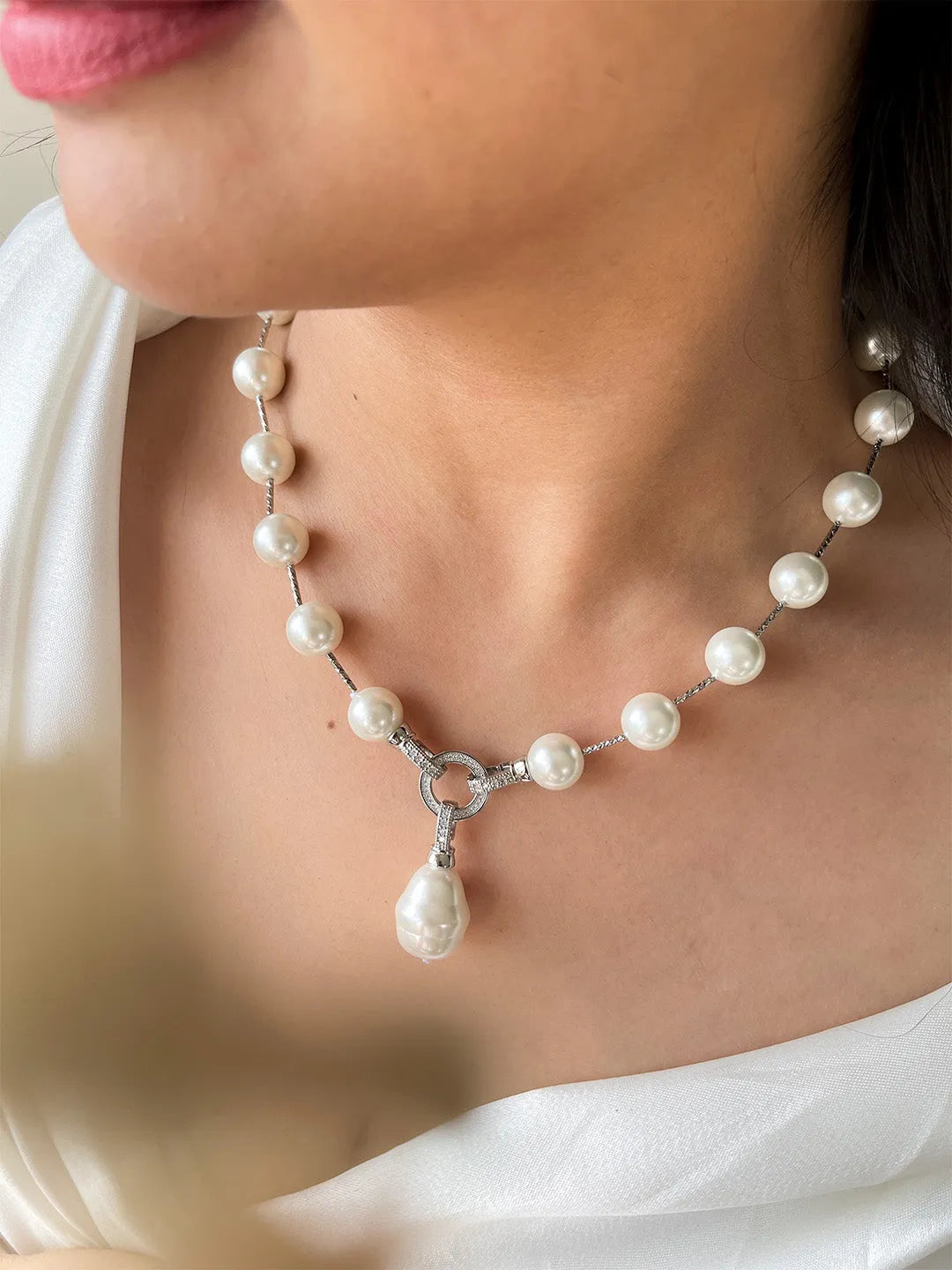 Ishhaara White Pearl Long Pendant Necklace