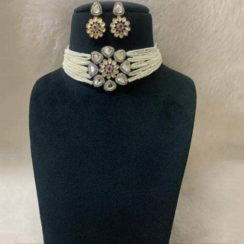 Ishhaara White Small Pearls Choker And Earring Set