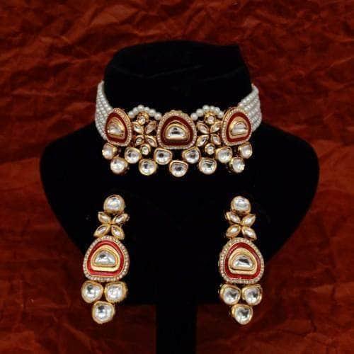 Ishhaara White Triangular Meena AD Kundan Choker And Earring Set
