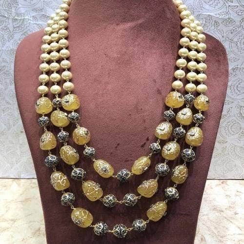 Ishhaara Yellow 3 Layered Pearl Semi Prescious Necklace