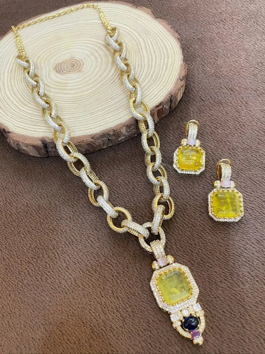 Ishhaara Yellow American Diamond Doublet Stone Necklace Set