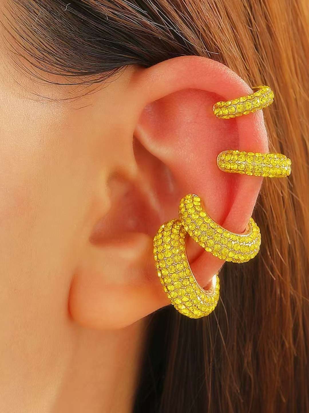 Ishhaara Yellow Combo Of Four Chunky Pave Hoop Earcuff