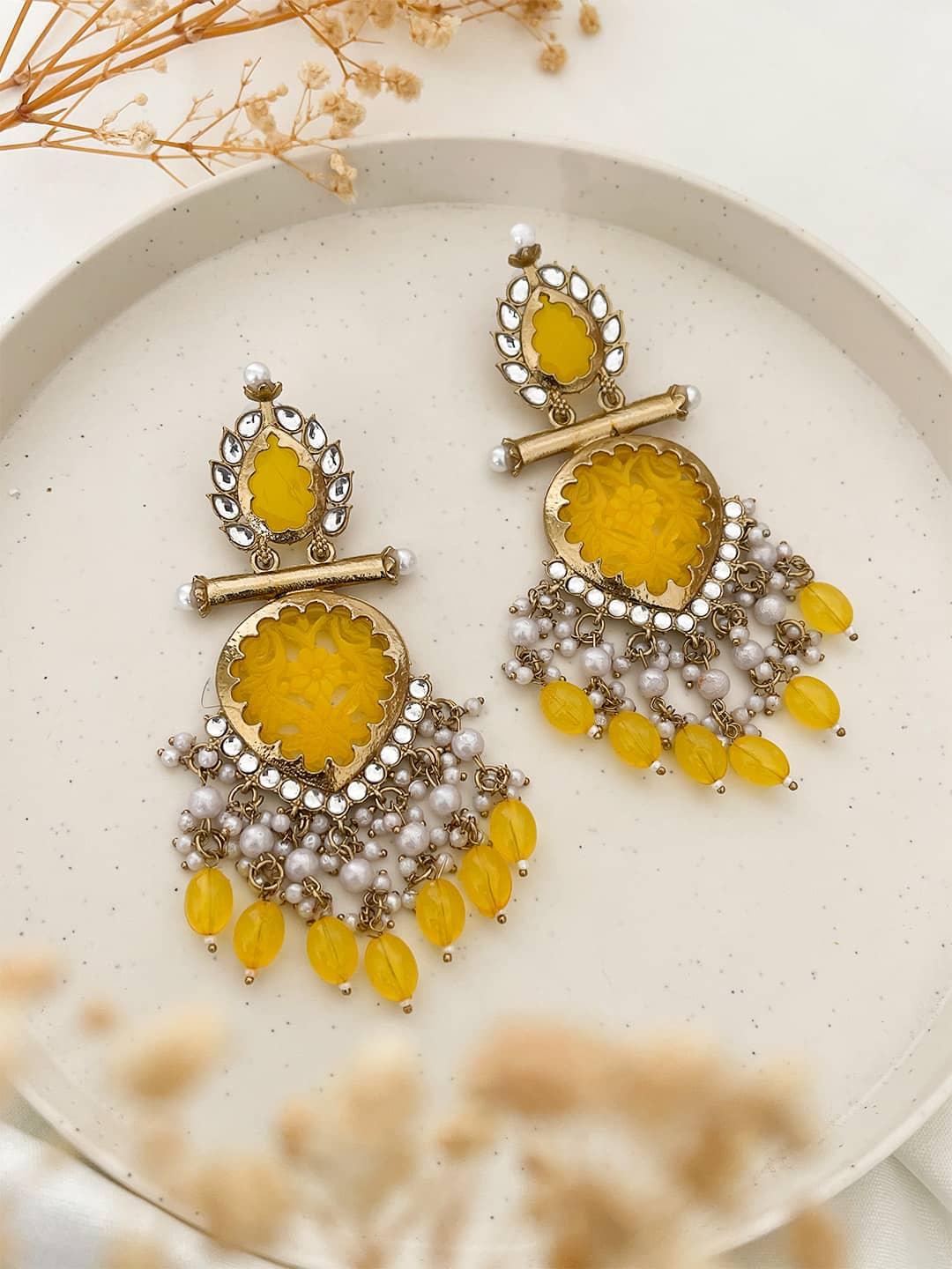 Ishhaara Yellow Cutwork Chandbali Earrings