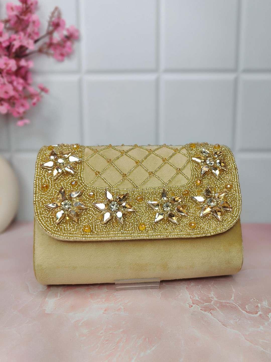 Ishhaara Yellow Designer Crystals Stone Seude Fabric Clutch Bag 