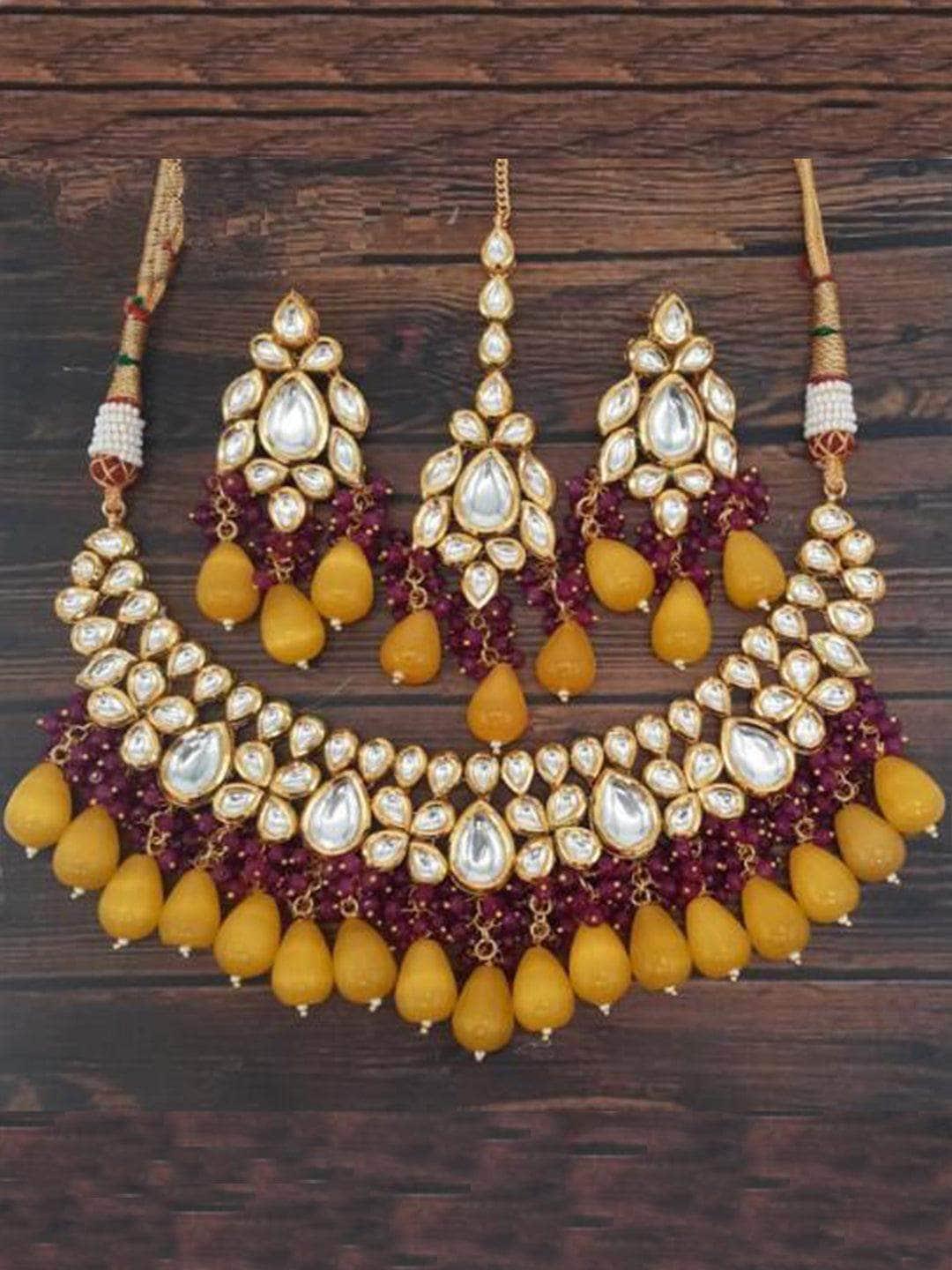 Ishhaara Drop Kundan Coral Necklace Earring And Teeka Set