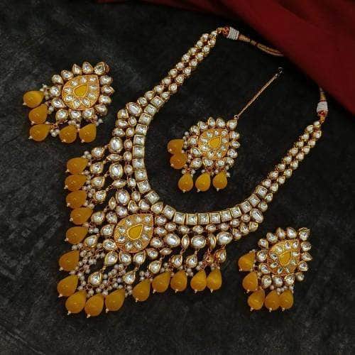 Ishhaara Yellow Drop Meena Kundan Necklace Earring And Teeka Set