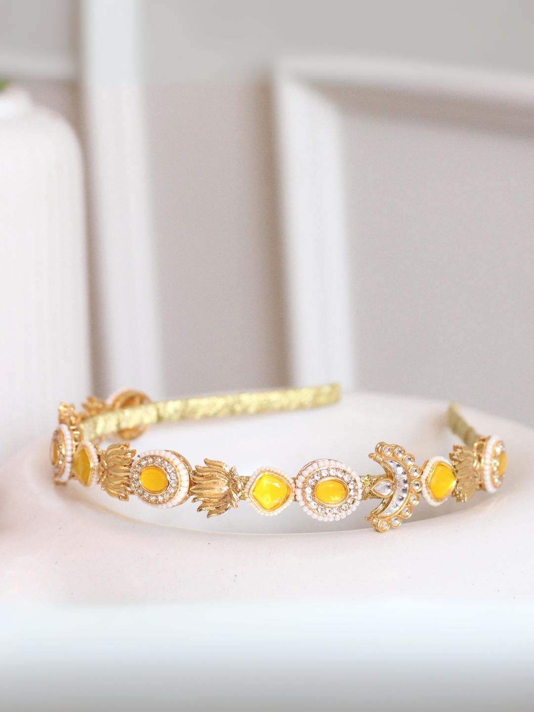 Ishhaara Yellow Embellished Crystal Studded Brooch Hairband