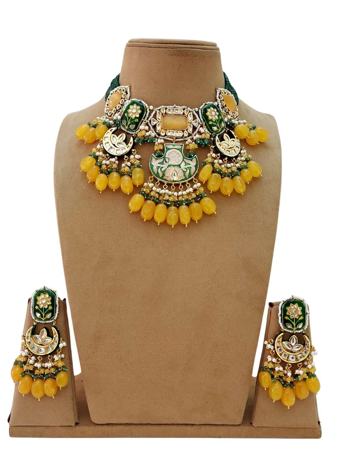 Ishhaara Yellow Gold Finish Semiprecious Stone Meenakari Necklace Set