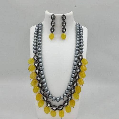 Ishhaara Yellow Grey Pearls Long Beaded Necklace And Earring Set