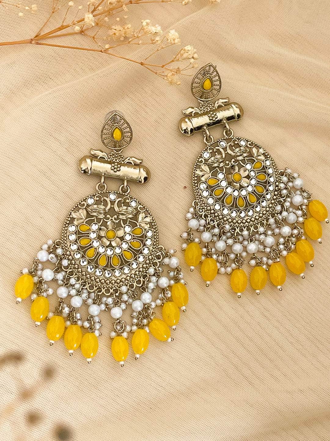 Ishhaara Yellow Kundan Long Designer Chandbali Earrings