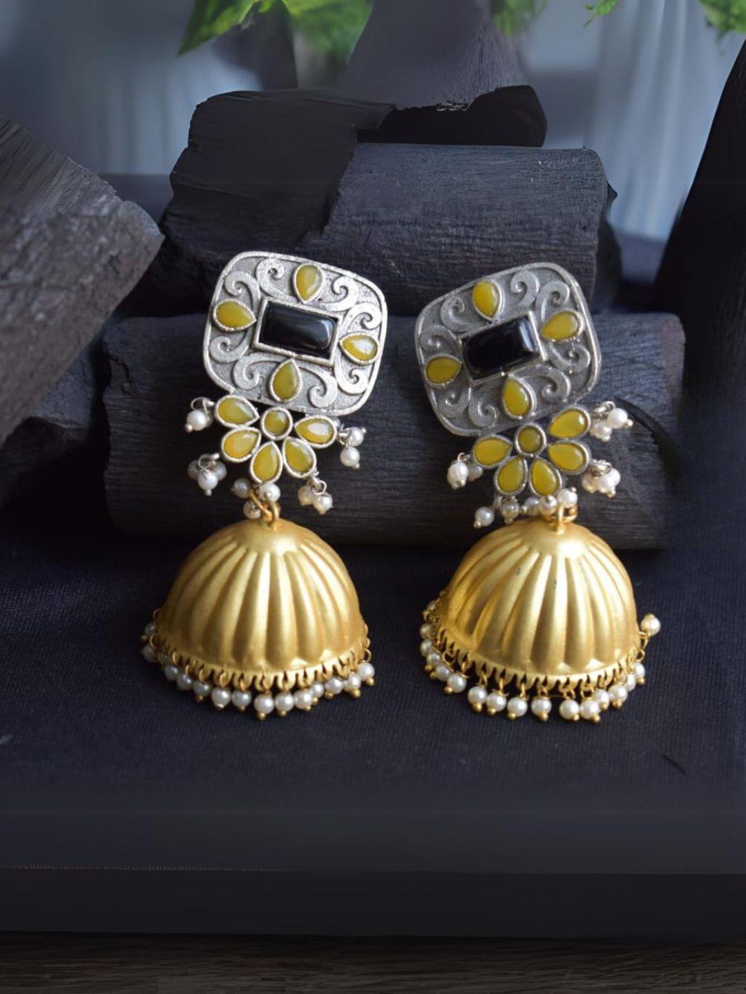 Ishhaara Yellow Matte Finish Gold Jumka With Glossy Enameled Stud