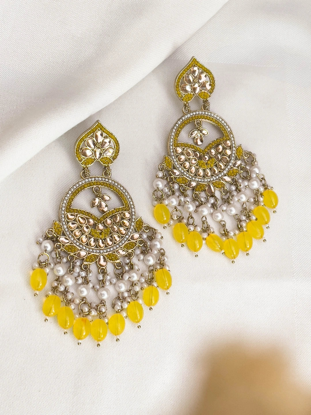 Ishhaara Yellow Meenakari Kundan Studded Chandbali Earrings