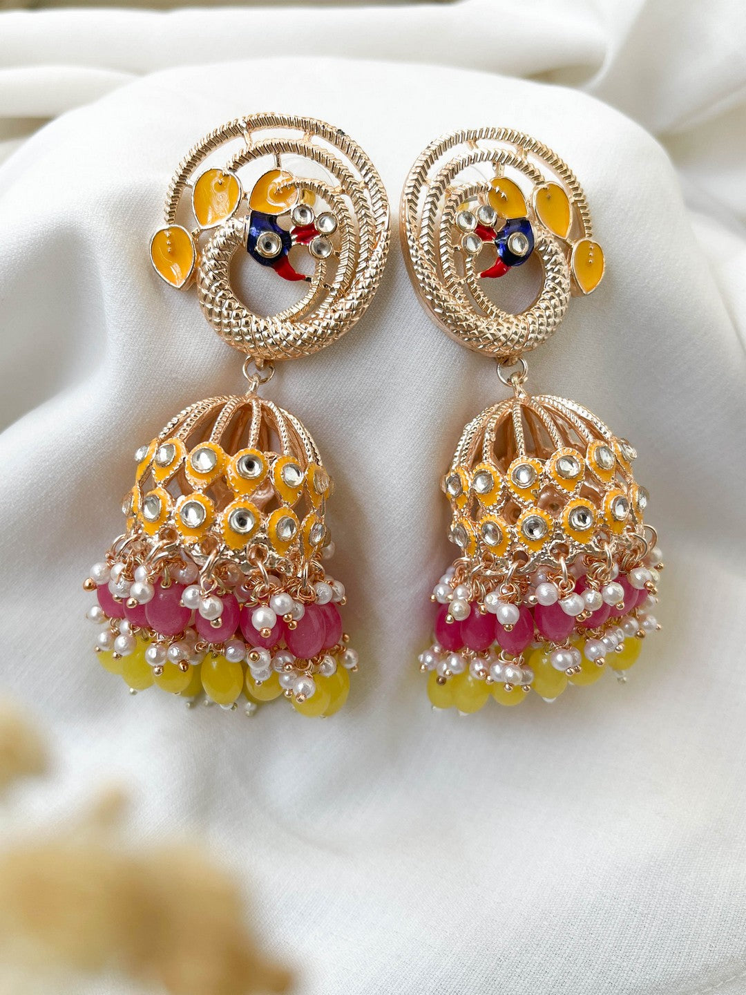Ishhaara Yellow Meenakari Peacock Jhumka