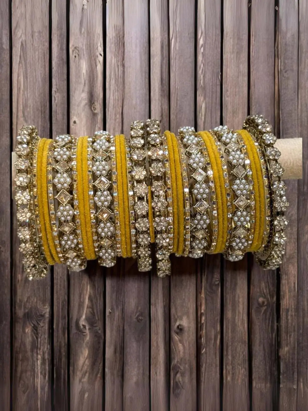 Ishhaara Yellow Metal And Velvet Bangles With Mirror Work Bangles