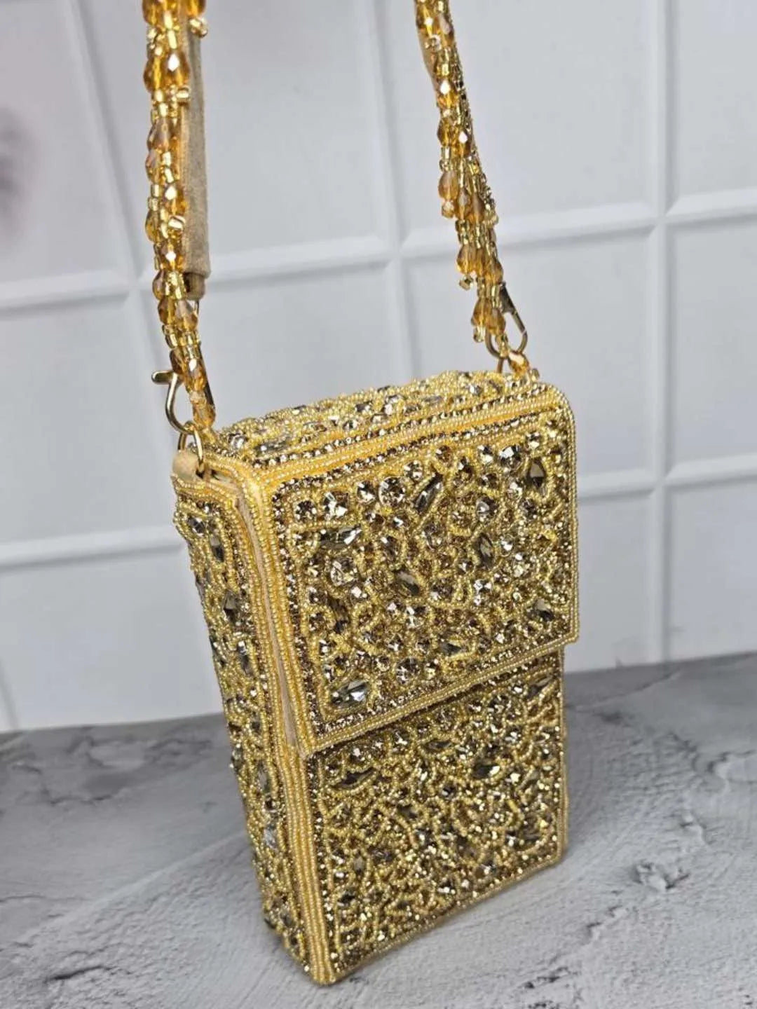 Ishhaara Yellow Mobile Crystal Pouch Bags