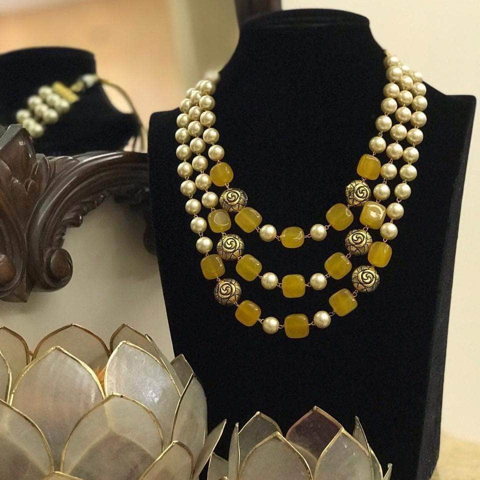 Ishhaara Yellow Moti Triple Layered Precious Stone Necklace