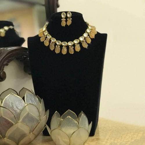 Ishhaara Yellow Simple Kundan Colored Beads Necklace And Earring Set