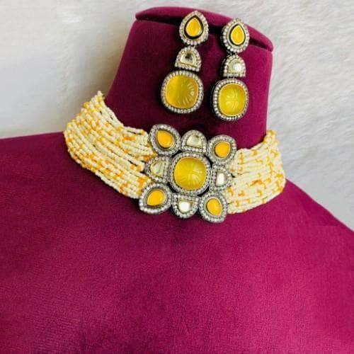 Ishhaara Square Carved Stone Moti Necklace And Earring Set