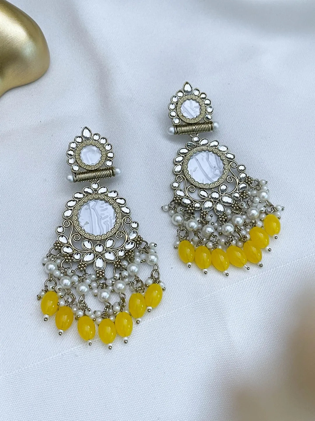 Ishhaara Yellow Traditional Kundan And Pearl Drop Earrings