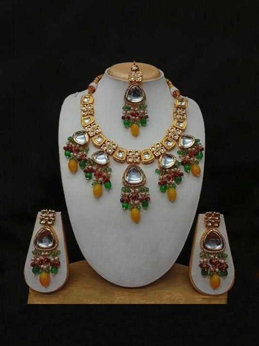 Ishhaara Triangular Hanging Kundan Necklace Earring And Teeka Set