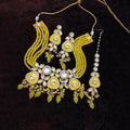 Ishhaara Yellow Triangular Meenakundan Necklace Earring And Teeka Set