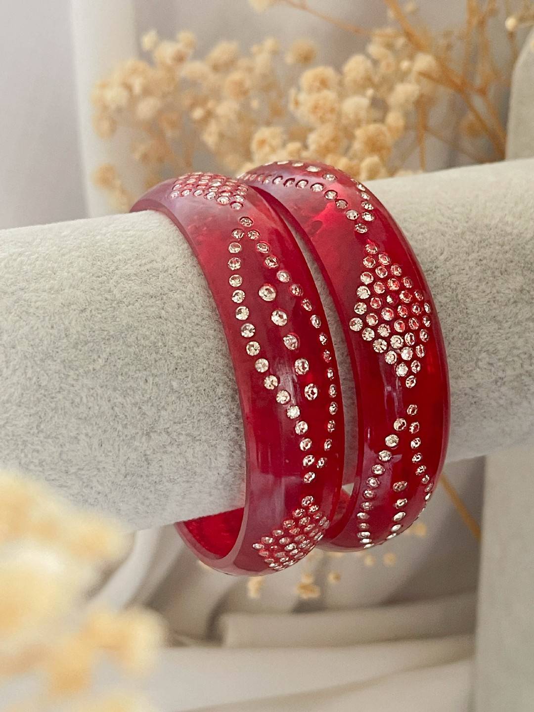 Ishhaara Zircon Gemstone And Beads Studded Red Bangles Set